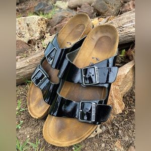 Birkenstock, 2 buckle, Black patent leather sandals